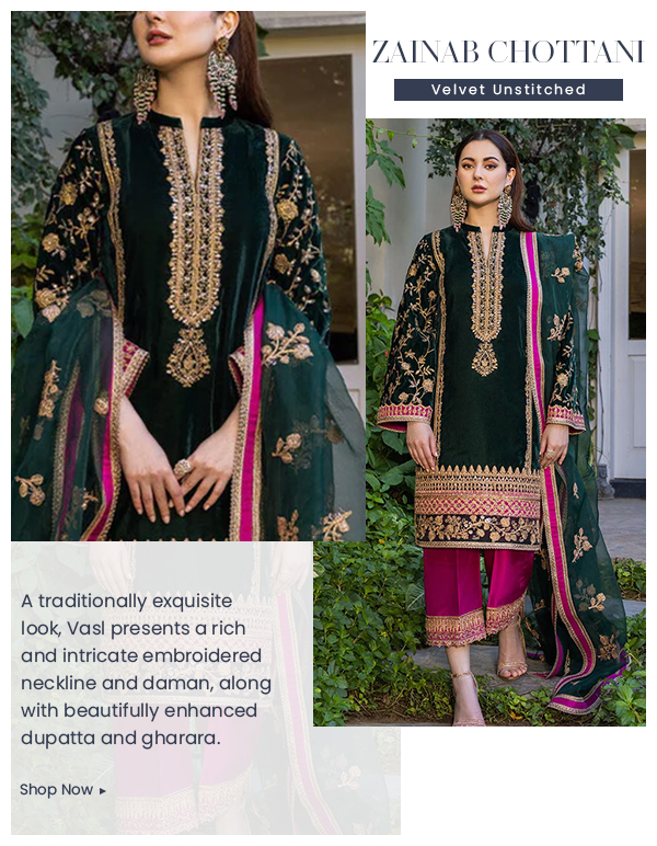 ZAINAB CHOTTANI A traditionally exquisite look, Vass! presents arich and intricate embroidered neckline and daman, along with beautifully enhanced dupatta and gharara. Shop Now 